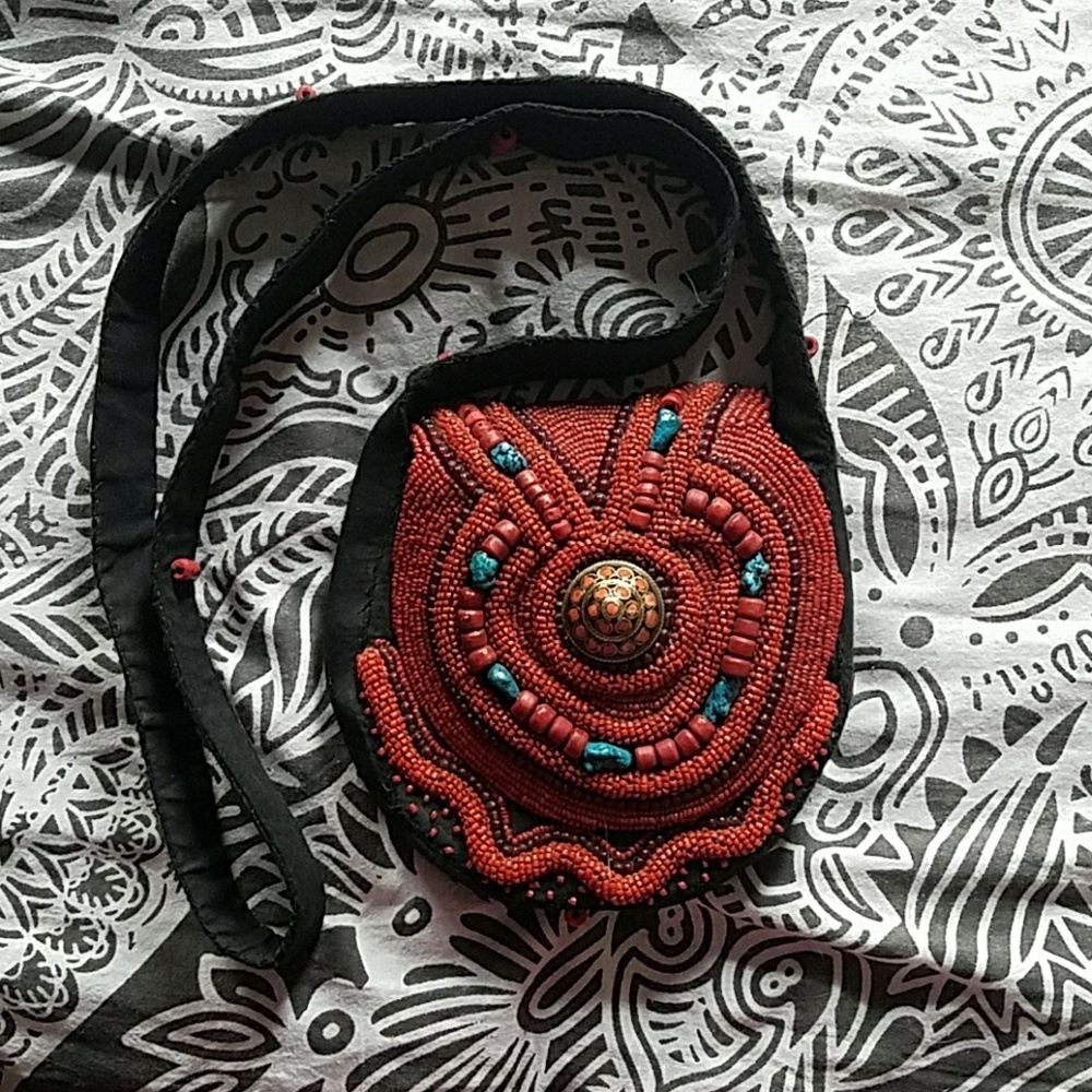 Handmade sewn Coral beaded purse